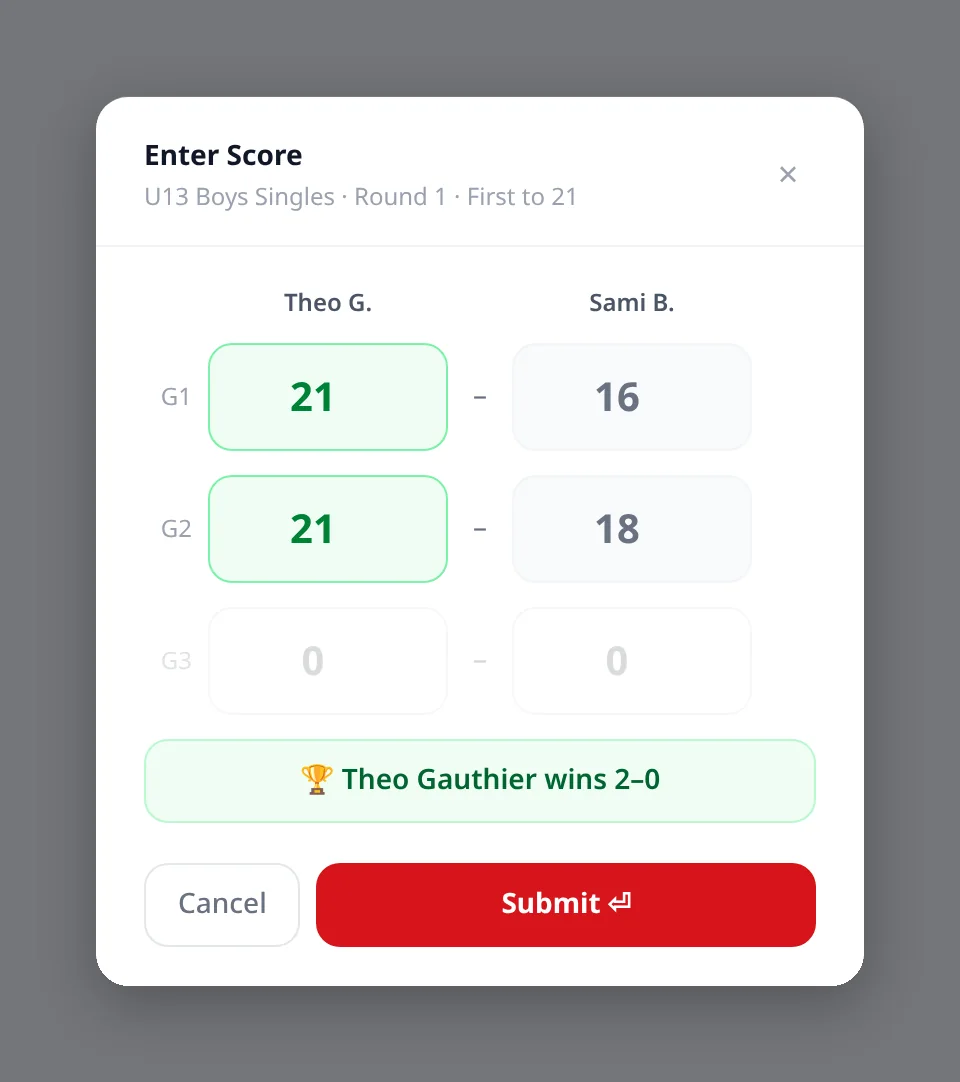 Score entry dialog with games checked as you type